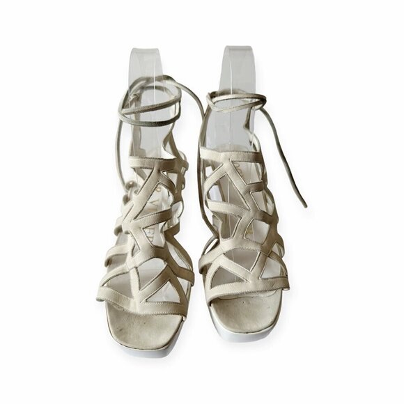 Vintage 80s Roger Vivier Caged Sandals on Platform Wedge, Off White Nubuk - Picture 15 of 16